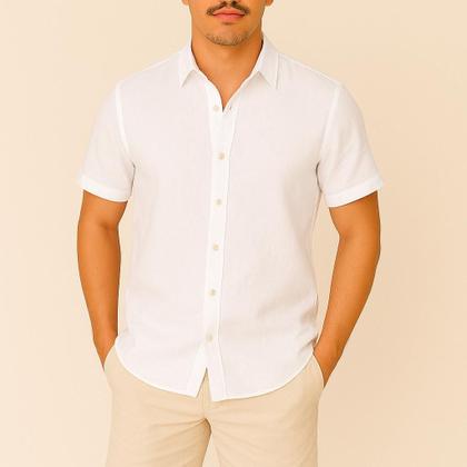 Imagem de Camisa de Linho Manga curta Social Verão Fresca Gola Italiana Elegante em Visco-Linho