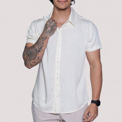 Imagem de Camisa de Linho Manga curta Social Verão Fresca Gola Italiana Elegante em Visco-Linho