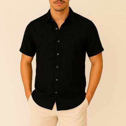 Imagem de Camisa de Linho Manga curta Social Verão Fresca Gola Italiana Elegante em Visco-Linho