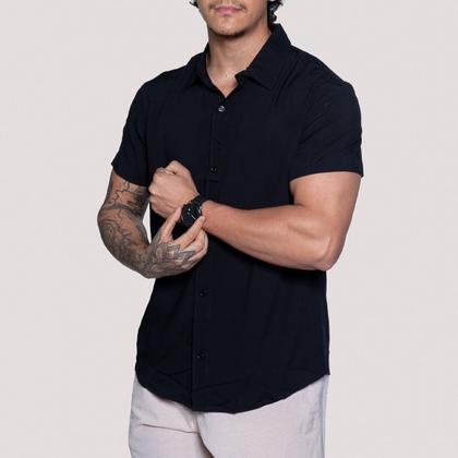 Imagem de Camisa de Linho Manga curta Social Verão Fresca Gola Italiana Elegante em Visco-Linho