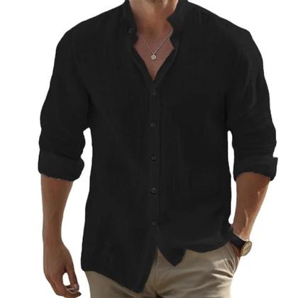 Imagem de Camisa De Verão Masculina plus Size Em Algodão E Linho De Manga Longa, Cor Sólida, Colarinho Alto,