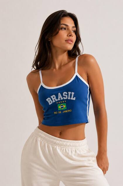 Imagem de Camisa Do Brasil Bordada Regata Tecido Suplex Alça Fina Feminina