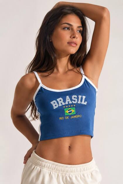 Imagem de Camisa Do Brasil Bordada Regata Tecido Suplex Alça Fina Feminina