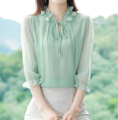 Imagem de Camisa Feminina Blusa Social Festa Verde Menta Rosa Bordada Flor Babado Elegante Manga 3/4