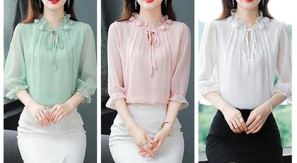 Imagem de Camisa Feminina Blusa Social Festa Verde Menta Rosa Bordada Flor Babado Elegante Manga 3/4