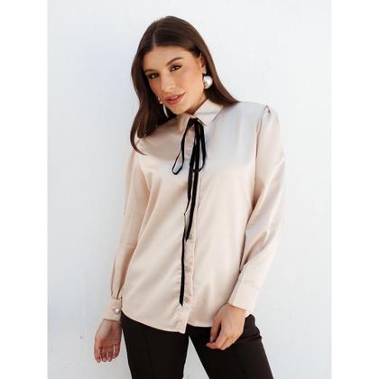 Imagem de Camisa Feminina Cetim com Laço Veludo Manga Longa