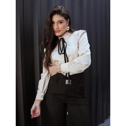 Imagem de Camisa Feminina Cetim com Laço Veludo Manga Longa