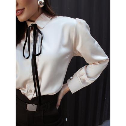 Imagem de Camisa Feminina Cetim com Laço Veludo Manga Longa
