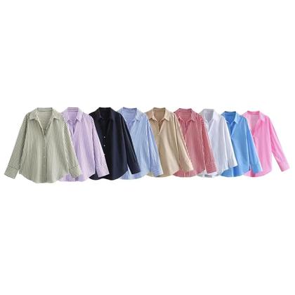 Imagem de Camisa Feminina Listrada Plus Size com Decote V - Manga Comprida - Blusa Casual para Escritório