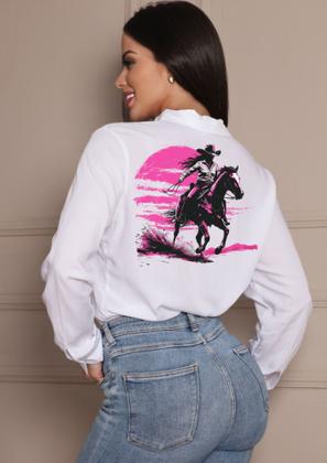 Imagem de Camisa Feminina Social Branca com Estampa Country Moda Sertaneja Blusa Com Botão Casual Com Estampa