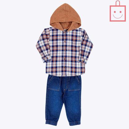 Imagem de Camisa Flanelada com Capuz e Calça Jeans Moletom Infantil Masculino Vigat 1095