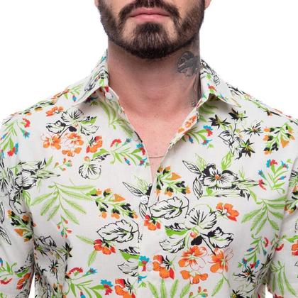 Imagem de Camisa Flores Manga Curta Masculina Algodão Linho Estilo