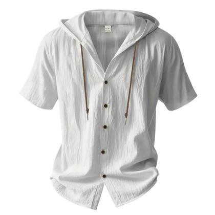 Imagem de Camisa Masculina De Algodão E Linho Com Capuz E Manga Curta, Respirável, Leve, Com Cordão, Casual,