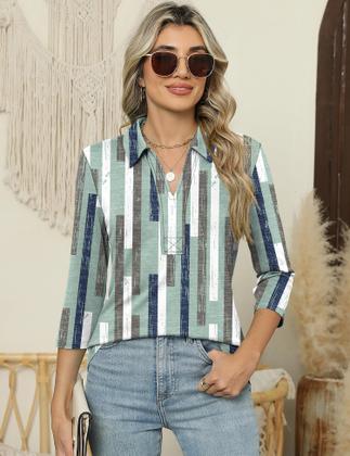 Imagem de Camisa polo feminina ZHENWEI verde listrada, manga 3/4, gola em V, GG