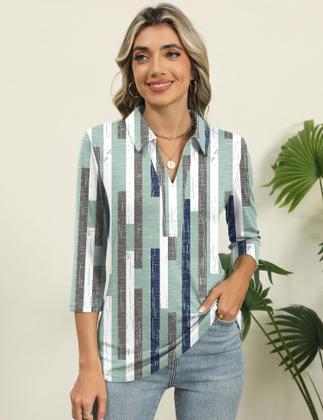 Imagem de Camisa polo feminina ZHENWEI verde listrada, manga 3/4, gola em V, GG