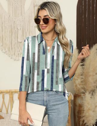 Imagem de Camisa polo feminina ZHENWEI verde listrada, manga 3/4, gola em V, GG