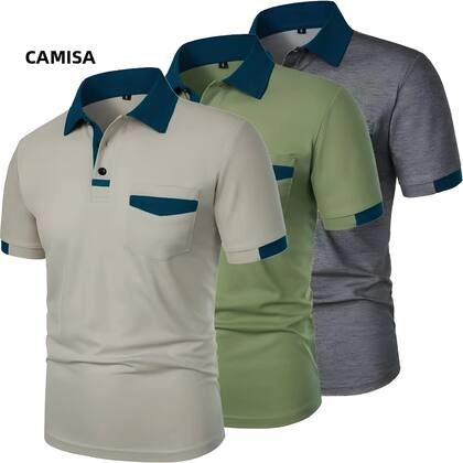Imagem de Camisa Polo Masculina Respirável De Manga Curta Solta, Cor Sólida Com Bolsos, Tops Básicos Leves