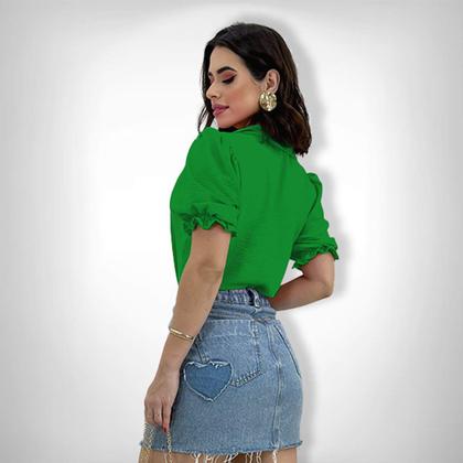 Imagem de Camisa Social Feminina Manga Curta Bufante Lastex Botões