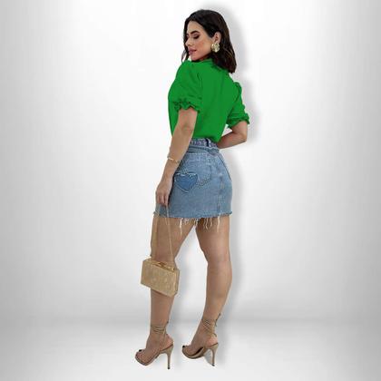 Imagem de Camisa Social Feminina Manga Curta Bufante Lastex Botões