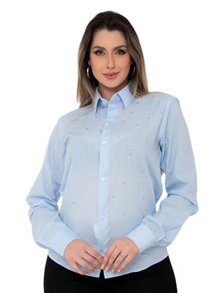 Camisa Social Feminina Manga Longa Slim Azul Bebê com strass