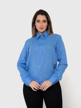 Imagem de Camisa Social Feminina Manga Longa Slim Azul Escuro com strass