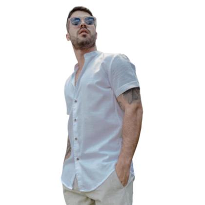 Imagem de Camisa Social Gola Padre Manga Curta Slim Fit Moda Praia