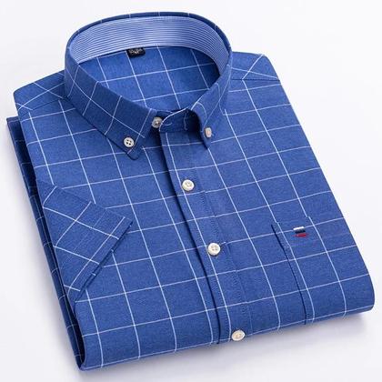 Camisa Social Masculina Oxford 100% Algodão - Manga Curta, Xadrez, com Bolso (P-7XL) Imagem de Camisa Social Masculina Oxford 100% Algodão - Manga Curta, Xadrez, com Bolso (P-7XL)