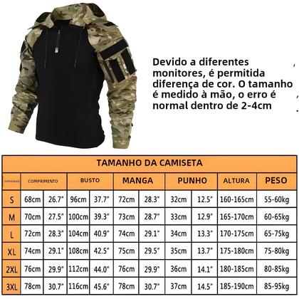 Imagem de Camisa Tática Masculina de Combate - Camuflada, 1/4 de Manga Com Zíper Rip Stop
