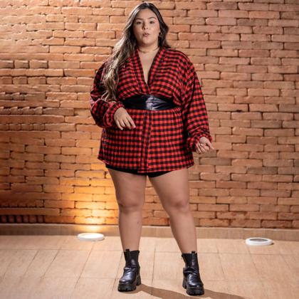 Imagem de Camisa Xadrez Feminina Plus Size Manga Longa Ajustável Kimono Cardigã Casual Festa Junina