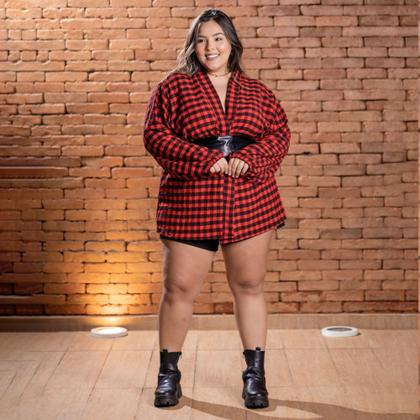 Imagem de Camisa Xadrez Feminina Plus Size Manga Longa Ajustável Kimono Cardigã Casual Festa Junina