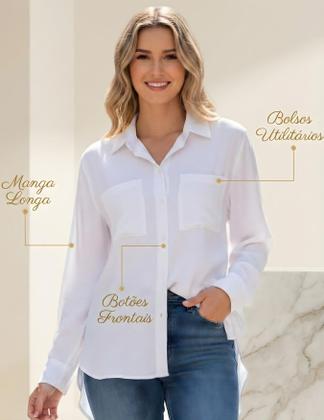 Imagem de Camisas Femininas Com Bolsos Manga Longa Linho Premium Gola Colarinho Italiano Elegante Fina Blusa Feminina Comprida