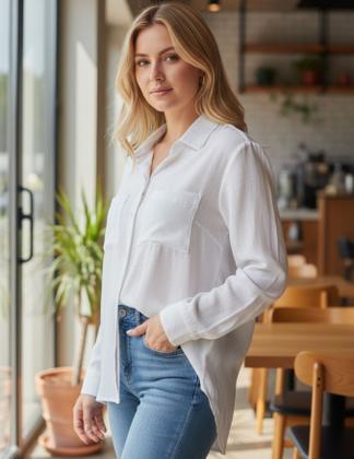 Imagem de Camisas Femininas Com Bolsos Manga Longa Linho Premium Gola Colarinho Italiano Elegante Fina Blusa Feminina Comprida