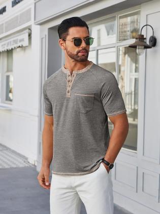 Imagem de Camisas Henley COOFANDY para homens de manga curta cinza claro