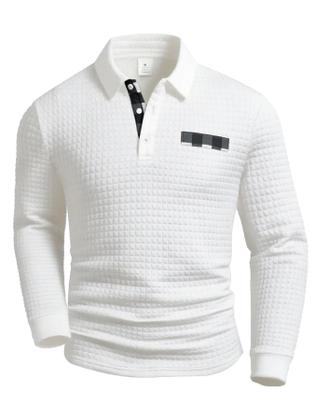 Imagem de Camisas Polo Masculinas De Manga Longa Em Cores Sólidas Com Estampa Xadrez E Gola Henley Com Botões