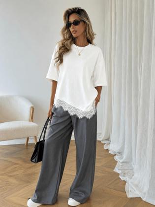 Imagem de Camiseta Básica Com Renda Assimétrica Elegante Linda Feminina Casual Solta No Corpo