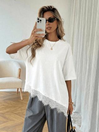 Imagem de Camiseta Básica Com Renda Assimétrica Elegante Linda Feminina Casual Solta No Corpo