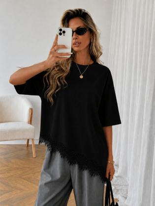 Imagem de Camiseta Básica Com Renda Assimétrica Elegante Linda Feminina Casual Solta No Corpo