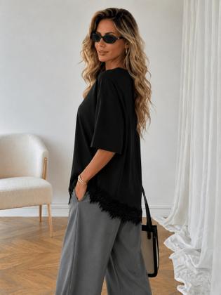 Imagem de Camiseta Básica Com Renda Assimétrica Elegante Linda Feminina Casual Solta No Corpo
