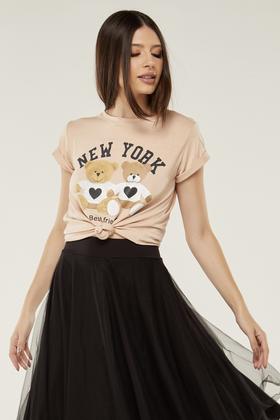 Imagem de Camiseta Blusa T-shirt Feminina Urso New York & BEST FRIEND Viscolycra Nude Tamanho Único