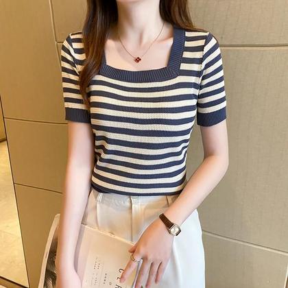 Imagem de Camiseta Casual De Verão Feminina De Manga Curta Listrada De Malha Pullover Elástico Cropped