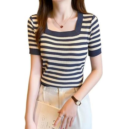 Imagem de Camiseta Casual De Verão Feminina De Manga Curta Listrada De Malha Pullover Elástico Cropped