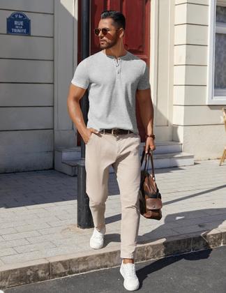 Imagem de Camiseta COOFANDY Cotton Henley para homens cinza claro