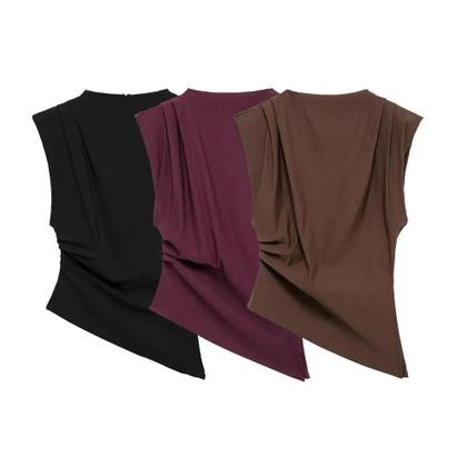 Imagem de Camiseta Cropped Assimétrica Slim Para Mulheres, Sem Mangas, Plissada, Preta, Vermelha, Marrom, Top