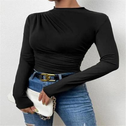 Imagem de Camiseta Cropped Feminina De Manga Longa Branca Básica Com Decote Assimétrico Streetwear Preto Y2K