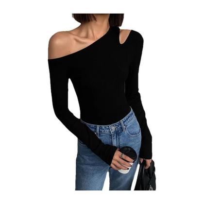 Imagem de Camiseta Cropped Feminina Slim Fit Com Ombros Descobertos E Manga Longa, Gola Assimétrica E