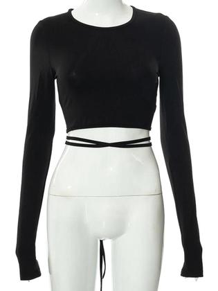 Imagem de Camiseta Curta Feminina Preta Sem Costas Com Decote Redondo E Mangas Longas Slim Sexy