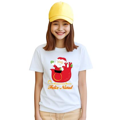 Imagem de Camiseta Feliz Natal Trenó Papai Noel Natalina Camisa Personalizada Blusa Infantil e Juvenil Algodão com Poliéster