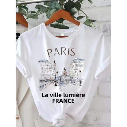 Imagem de Camiseta Feminina com Estampa de Paris - Manga Curta, Gola Redonda - Casual para Verão e Primavera