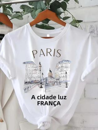 Imagem de Camiseta Feminina com Estampa de Paris - Manga Curta, Gola Redonda - Casual para Verão e Primavera