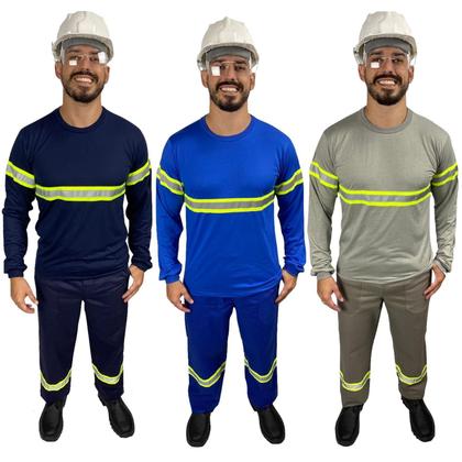 Imagem de Camiseta Manga Longa RESISTENTE com Faixa Refletivo Malha Fria Uniforme Profissional Sinalização Eletricista Construção